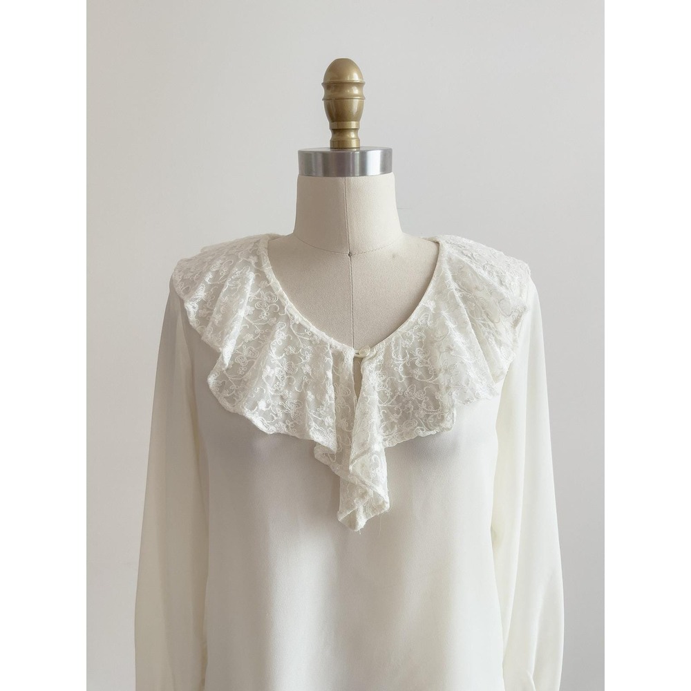 vtg 80s 90s sheer cream embroidered‎ lace collar blouse shirt size S-M